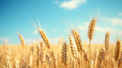 Fototapeta premium Golden wheat stalks sway gently in a sun-drenched field under a vibrant blue sky; a picturesque harvest scene.