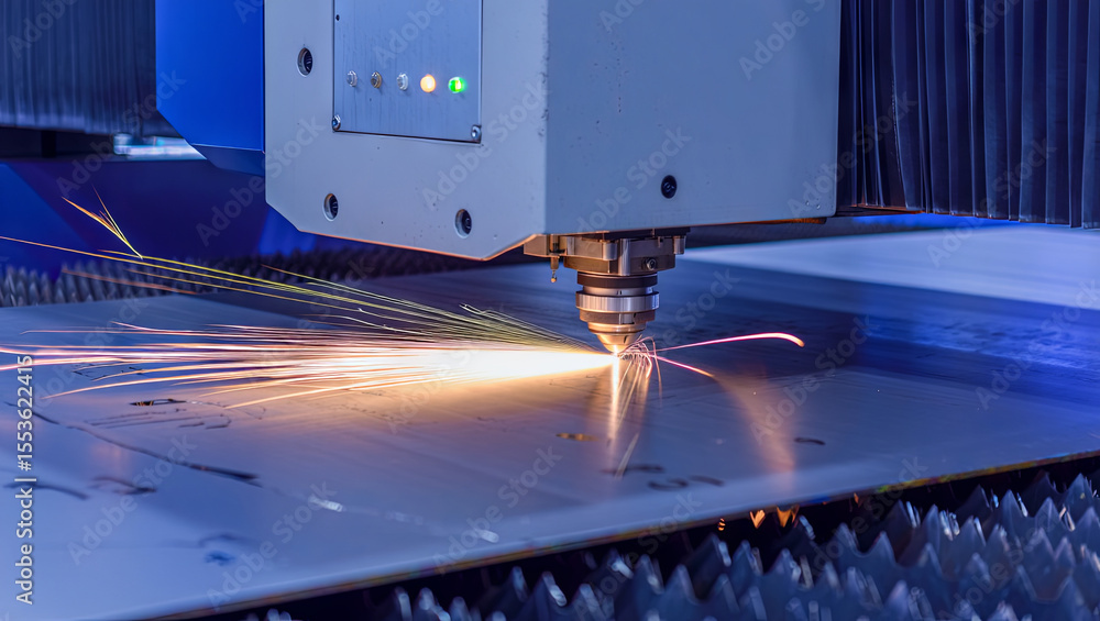 Poster a high-powered laser cutter meticulously shapes metal sheets in a fabrication workshop. bright spark