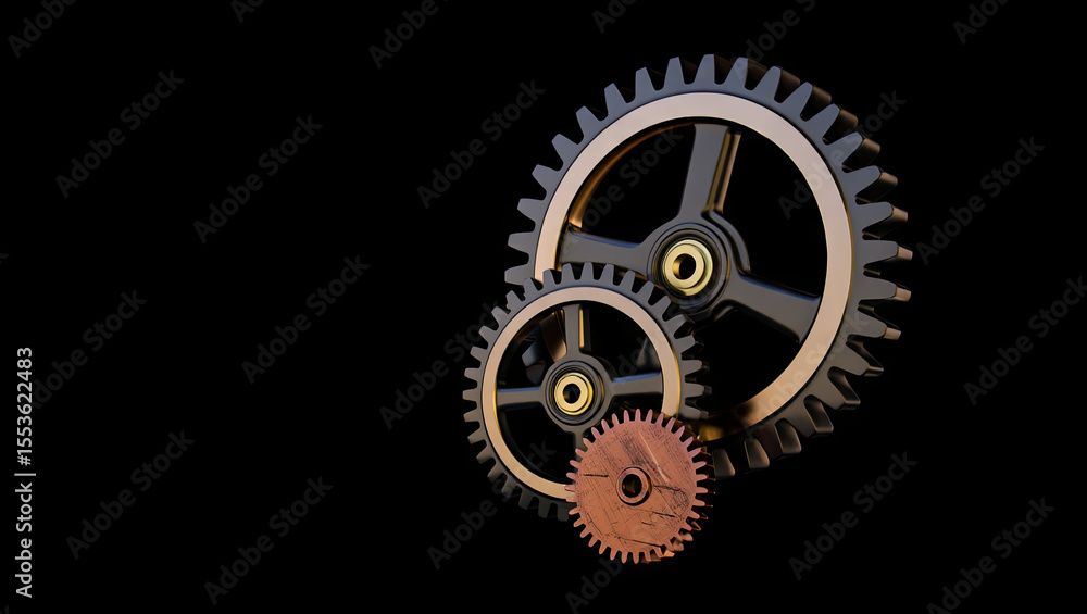 Poster three different-sized mechanical gears interlocked against a black background showcase the intricaci