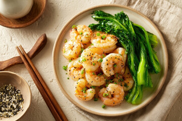 Flavorful Garlic Butter Shrimp with Fresh Broccolini A Healthy and Delicious Asian Inspired Seafood Meal Served with Chopsticks