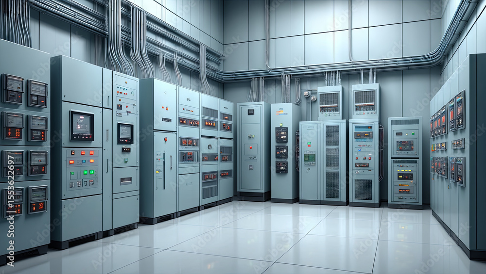 Poster high-tech control room featuring multiple panels and displays for monitoring energy systems. the sle