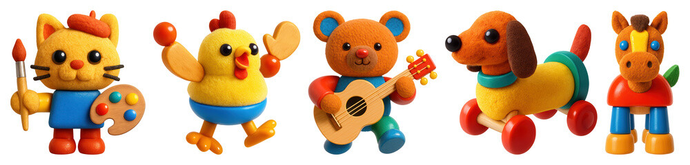 PNG Colorful clay animal toys, element set on transparent background