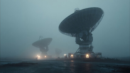 Mysterious Dawn at the Observatory A Giant Radio Telescope Emerges from Dense Fog, Capturing the Ethereal Beauty of Scientific Exploration