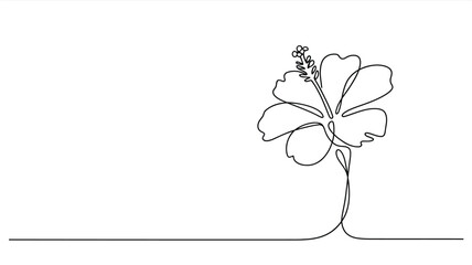 Minimalist single line drawing of a hibiscus flower on a white background