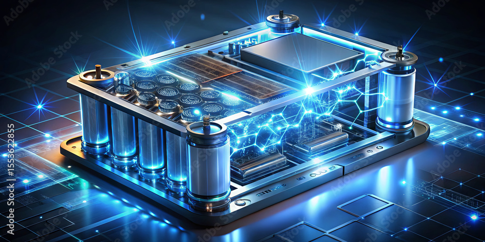 Poster a detailed circuit board showcases an advanced electronics design, illuminated by blue light, emphas