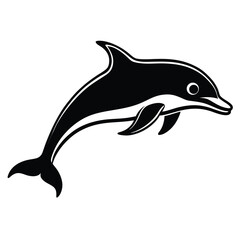 A simple, minimalist black silhouette of a dolphin leaping out of the water. The dolphin is depicted in a side profile, with its dorsal fin and pectoral fins clearly visible. The background is a clean
