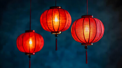 Obraz premium Glowing red Chinese lanterns hang against a deep blue background, creating a festive and atmospheric scene. Perfect for celebrations, holidays, or cultural themes.