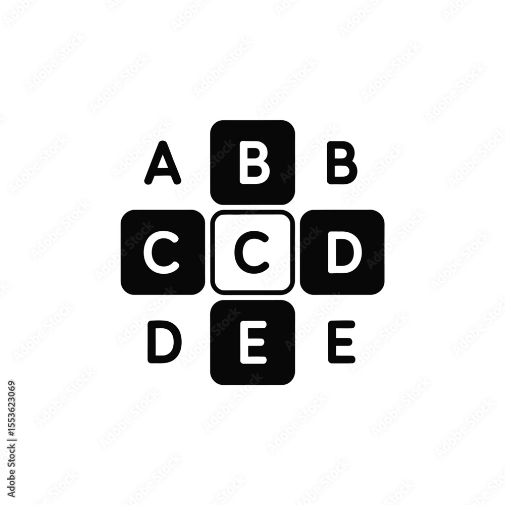Aufkleber alphabet letters arranged in a cross shape with a central c