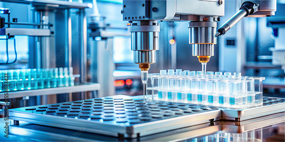 Poster robotic arms expertly handle liquid samples in a high-tech laboratory, showcasing cutting-edge autom