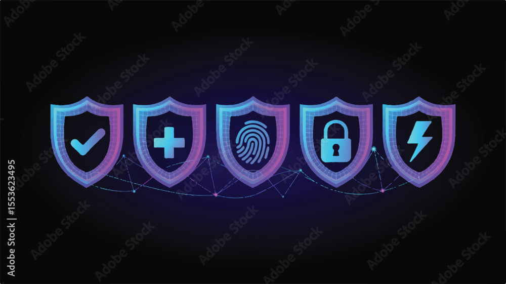 Poster cyber security protection: a vivid graphic featuring five interconnected shields, each representing 