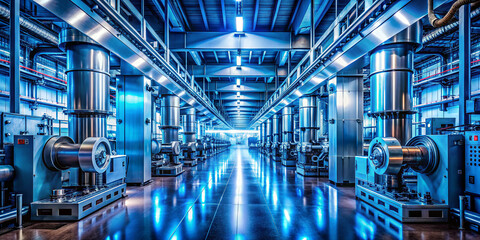 A spacious industrial environment features rows of advanced machinery and equipment. Bright lights illuminate the metallic surfaces, showcasing a clean and organized workspace