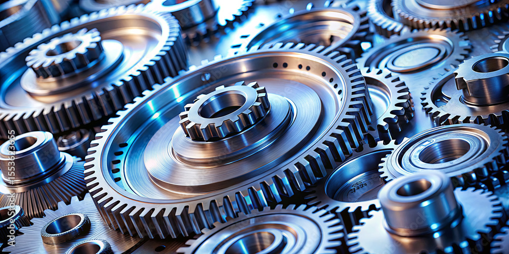 Poster various metallic gears are arranged closely in a workshop environment, highlighting precision engine