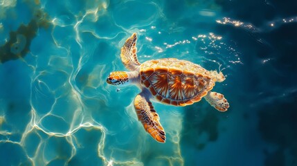 A turtle swimming in the ocean with bubbles in the water