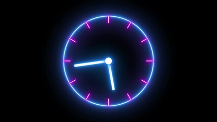 Glowing neon pink blue color clock icon animation dial circle timer watch timekeeper countdown wall clock analog clock alarm clock animated sign symbol with black background - Powered by Adobe