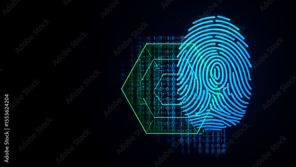Poster digital fingerprint technology symbolizes advanced security measures. neon colors highlight the impo