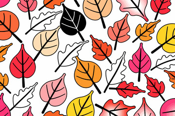 Colorful Fall Leaves Pattern - Autumn Themed Background with Pink Orange Red Yellow and Black Leaves - Perfect for Seasonal Designs and Crafts