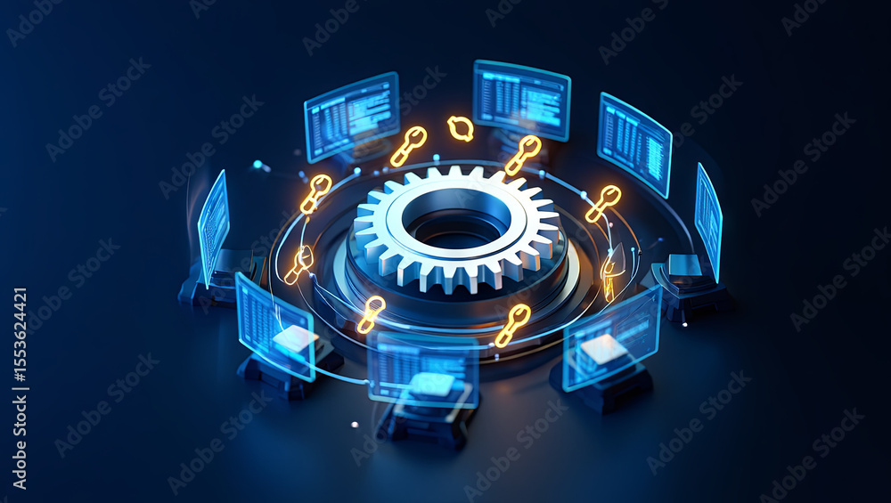 Poster a network of computer screens surrounds a central gear symbol, illustrating the connection between t