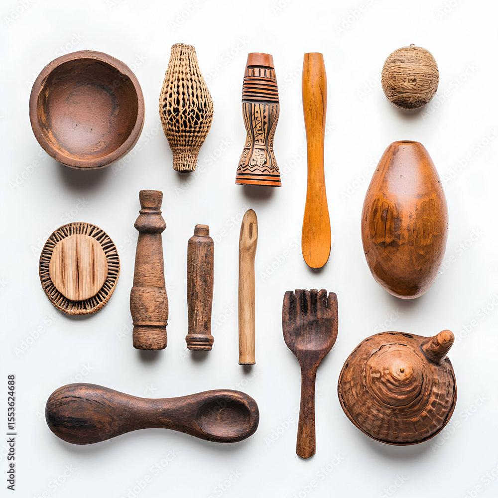 Poster collection of handcrafted wooden utensils and decorative objects arranged on a white background. the