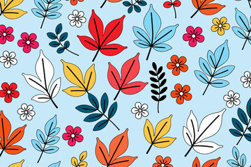 Colorful Leaves and Flowers Seamless Pattern-Whimsical Floral Background-Pastel Blue Botanical Illustration-Nature Inspired Textile Design-Cute Print for Kids