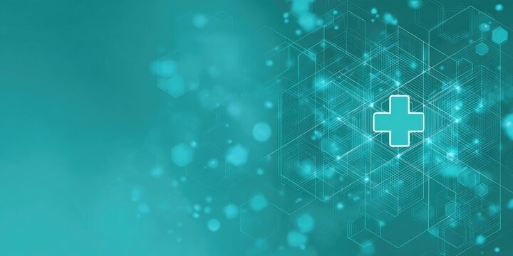 Teal medical background with abstract geometric shapes and plus sign