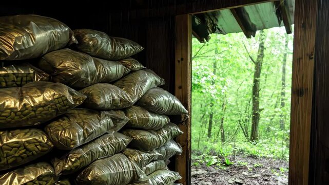 Fentanyl bags stacked in shed with rainy woods visible through doorway, Fentanyl Bags In Shed With Rainy Woods Outside