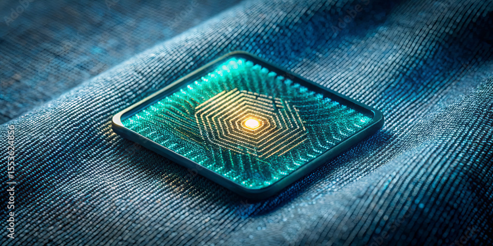 Poster a microchip lies on a textured fabric, highlighted by a warm light in the center. the chip features 
