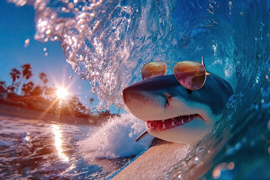 shark riding a surfboard. on the crest of a wave in sunglasses. fisheye lens.