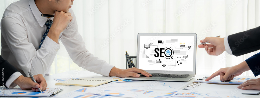Poster seo search engine optimization for brisk e-commerce and online retail business showing on computer s