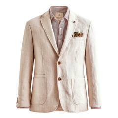 Men s light beige linen blazer with striped shirt and pocket square isolated on transparent background