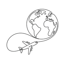 Single line drawing of an airplane flying around the planet earth