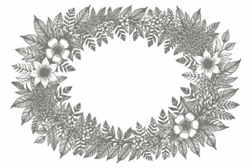 Floral Frame Illustration-Black and White Flower Wreath-Botanical Drawing for Invitations-Elegant Leaf Border-Nature Inspired Art-Monochrome Design-Wedding Decor