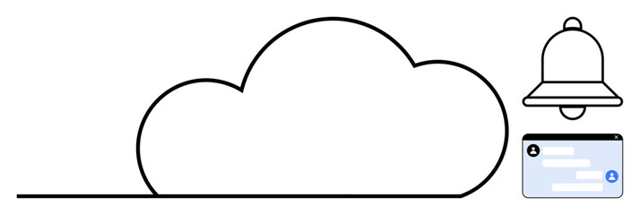 Large cloud shape, notification bell, and message card signaling interactions or alerts. Ideal for technology, data service, communication, cloud storage, teamwork, alerts simple landing page