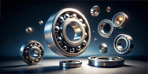 A collection of steel ball bearings is captured in a dynamic arrangement, with varied sizes and illuminated surfaces highlighting the intricate design and engineering precision of each bearing
