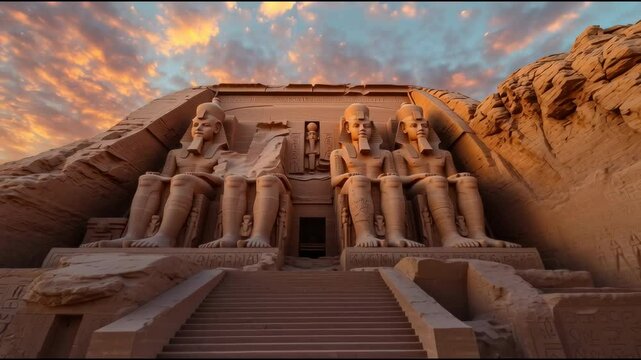 A dramatic shot of the Temple of Abu Simbel illuminated by the rising sun