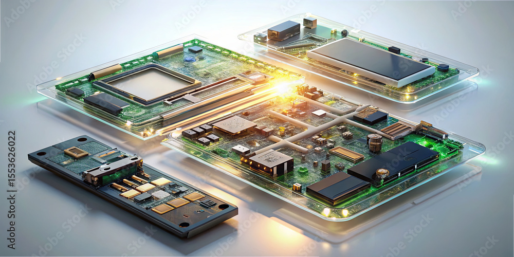 Poster various circuit board components are displayed with glowing elements and intricate designs