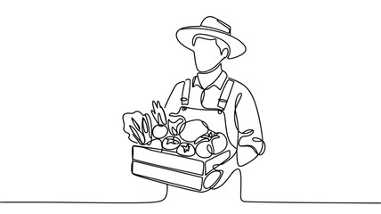 Farmer in a hat holding a crate full of fresh vegetables and fruits