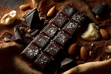 dark chocolate bar with sea salt and whole almonds surrounded by cocoa powder chocolate chunks and cacao butter on rustic fabric background perfect for dessert or confectionery branding