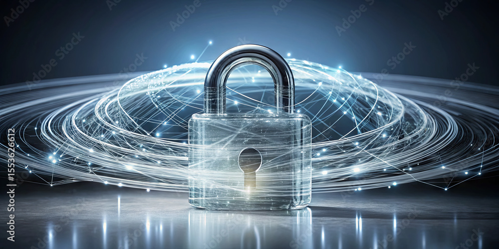 Poster a transparent padlock sits at the center, illuminated by a soft glow, while swirling lines of light 
