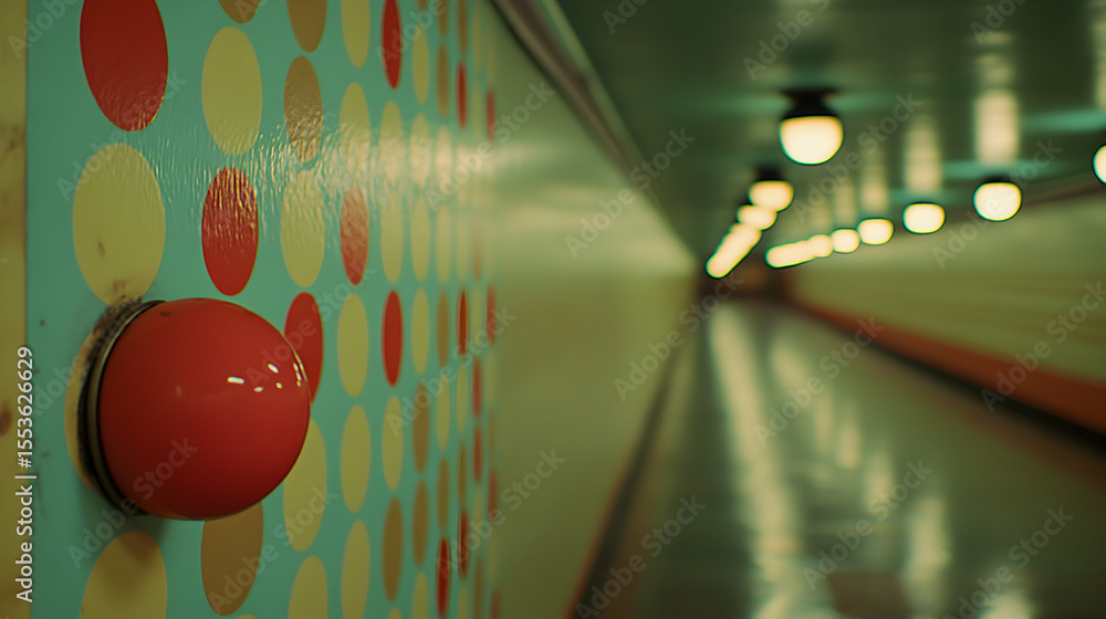 Poster retro-style button on a polka dot wall in a long, dimly lit corridor. a vintage aesthetic with a foc
