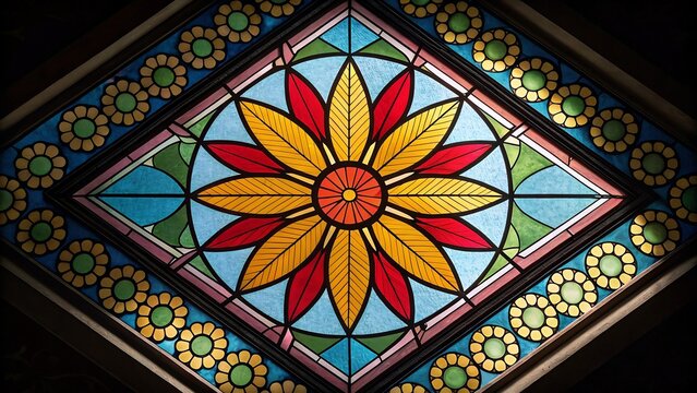Stained glass window featuring a geometric floral design with vibrant colors