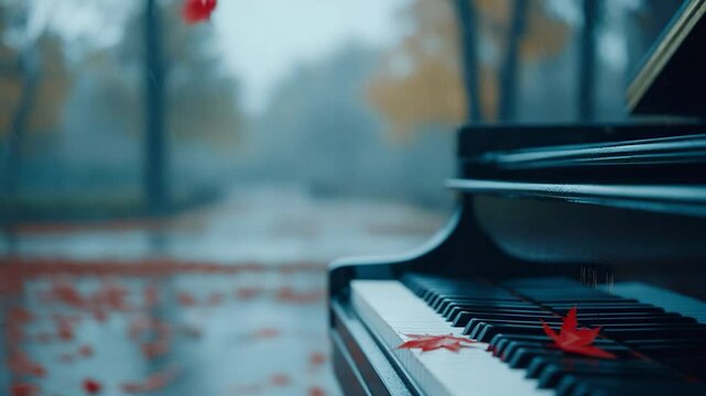 Grand piano in the rain falling leaves autumn mood