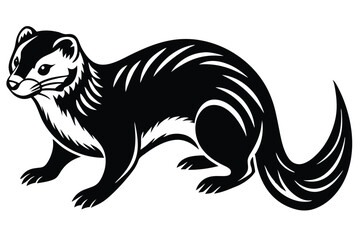 Cartoon ferret with black, gray and white markings and yellow tail stands posed