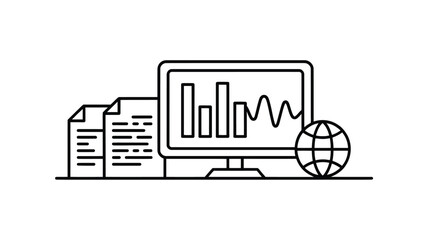 Computer screen displaying financial charts and graphs next to documents and a globe