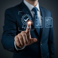 Businessman touching a digital interface displaying a quality assurance certificate and checklist