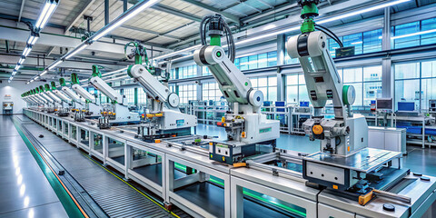 Fototapeta premium Robotic arms efficiently assemble components on a sleek production line in a spacious manufacturing plant. Natural light fills the area, highlighting the advanced technology in use