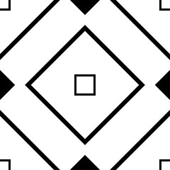 Geometric pattern, simple squares, diamonds and triangles in black, minimalist, modern, abstract tile design with isolated background.