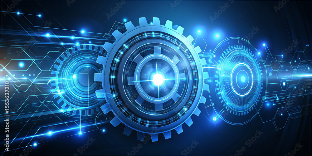 Poster a set of intricate gears surrounded by glowing blue lights and digital patterns symbolize the fusion
