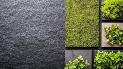 Decorative wall panels with plants and moss.