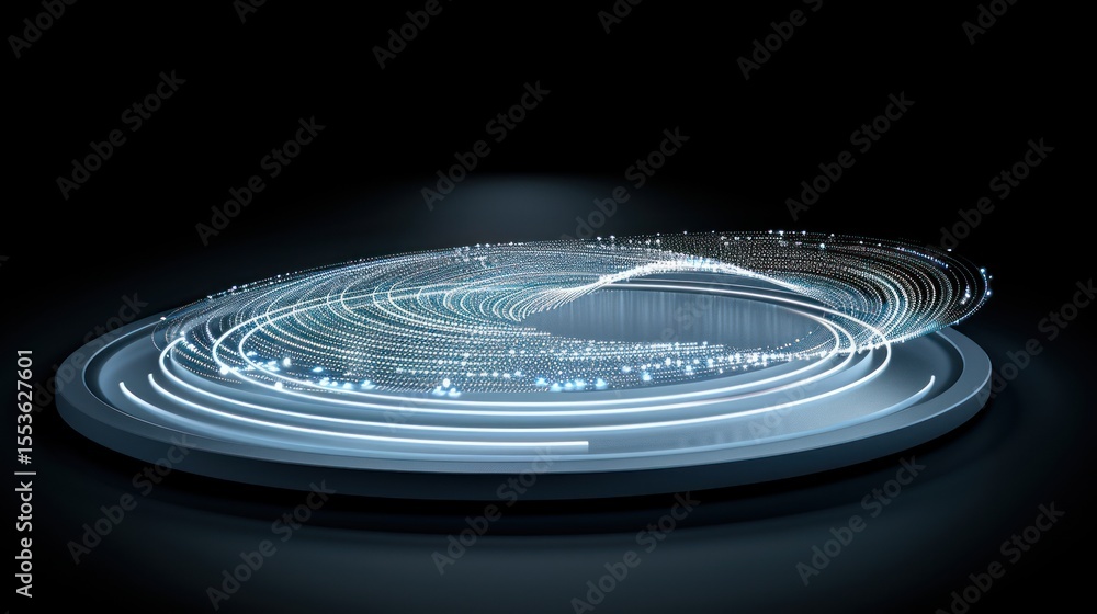 Poster abstract digital vortex: a mesmerizing swirl of light and data on a dark platform.