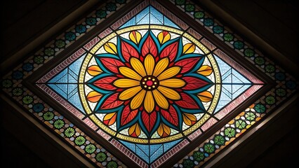 Stained glass window with a colorful geometric floral pattern and circular design